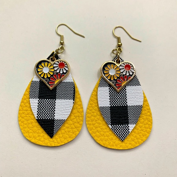 Dynamic Duo Designs Jewelry - Yellow faux leather earrings w/ flower heart charm